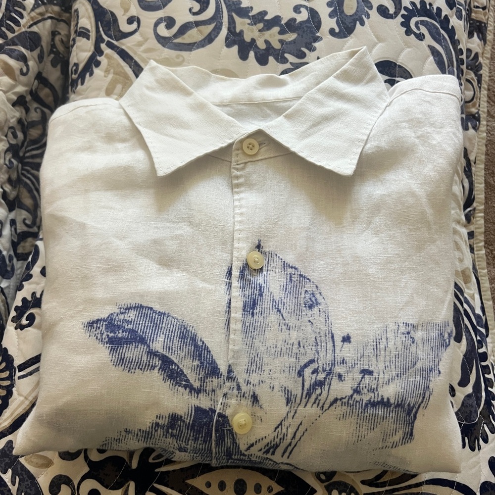 Tommy Bahama White Linen Button-Down with Blue Floral Print